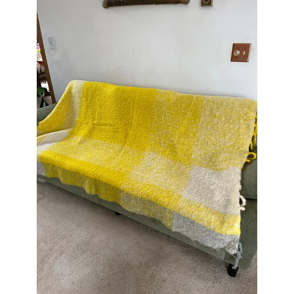 Vintage Lena Rewell 100% Mohair Yellow Made in Finland Throw Blanket